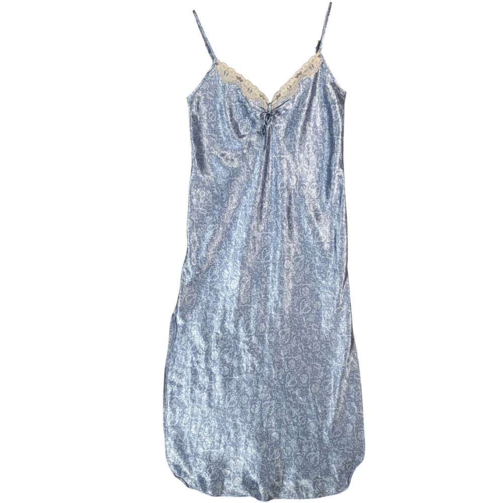 Vintage California Dynasty Blue Floral Satin Nightgown Slip Dress Lace Trim Midi
